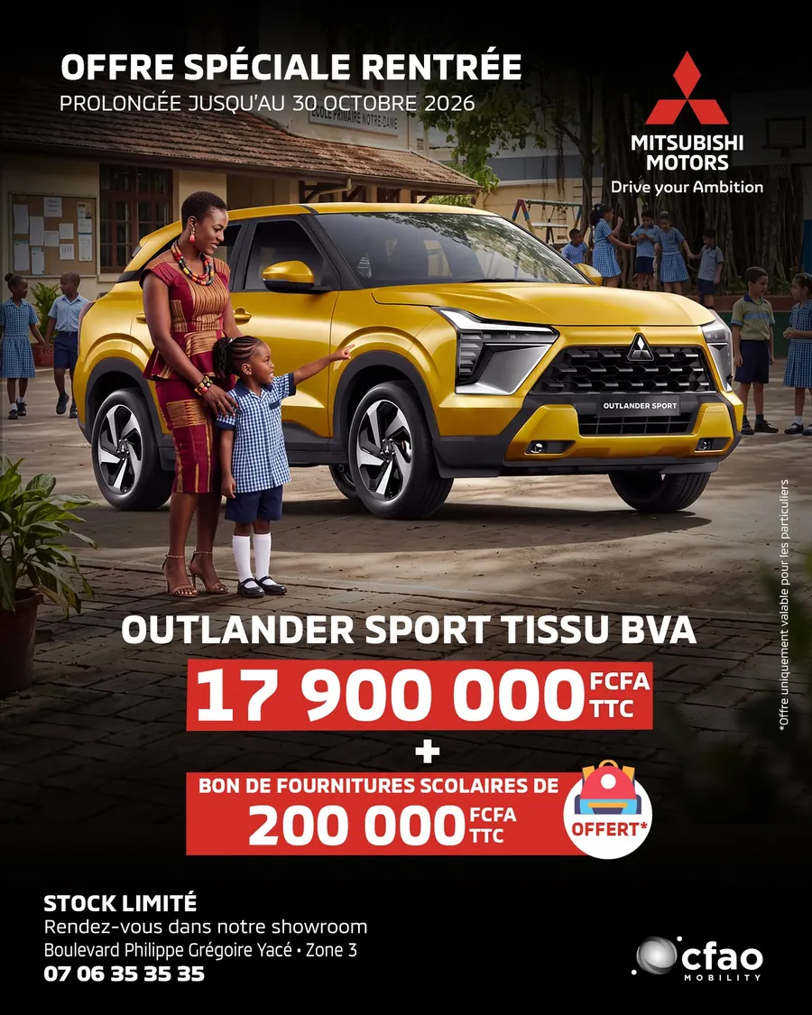 Affiche CFAO : Mitsubishi Outlander Sport jaune à 17 900 000 FCFA TTC, bon de fournitures scolaires offert