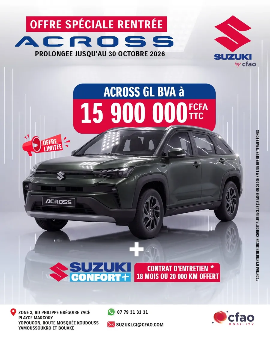 Affiche Suzuki by CFAO : Suzuki Across GL BVA à 15 900 000 FCFA TTC, offre prolongée jusqu'au 30 octobre 2026