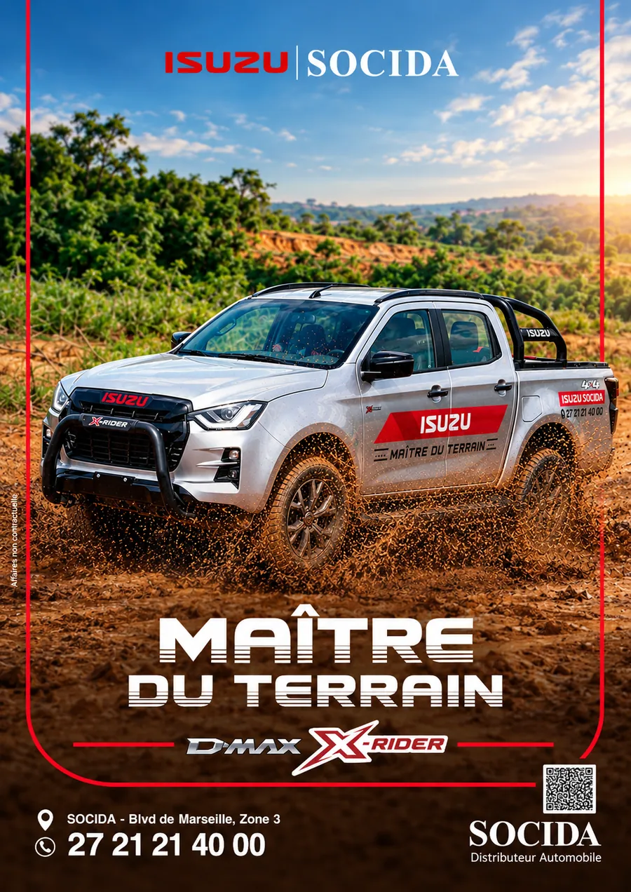Affiche SOCIDA : pick-up Isuzu D-Max X-Rider gris dans la boue