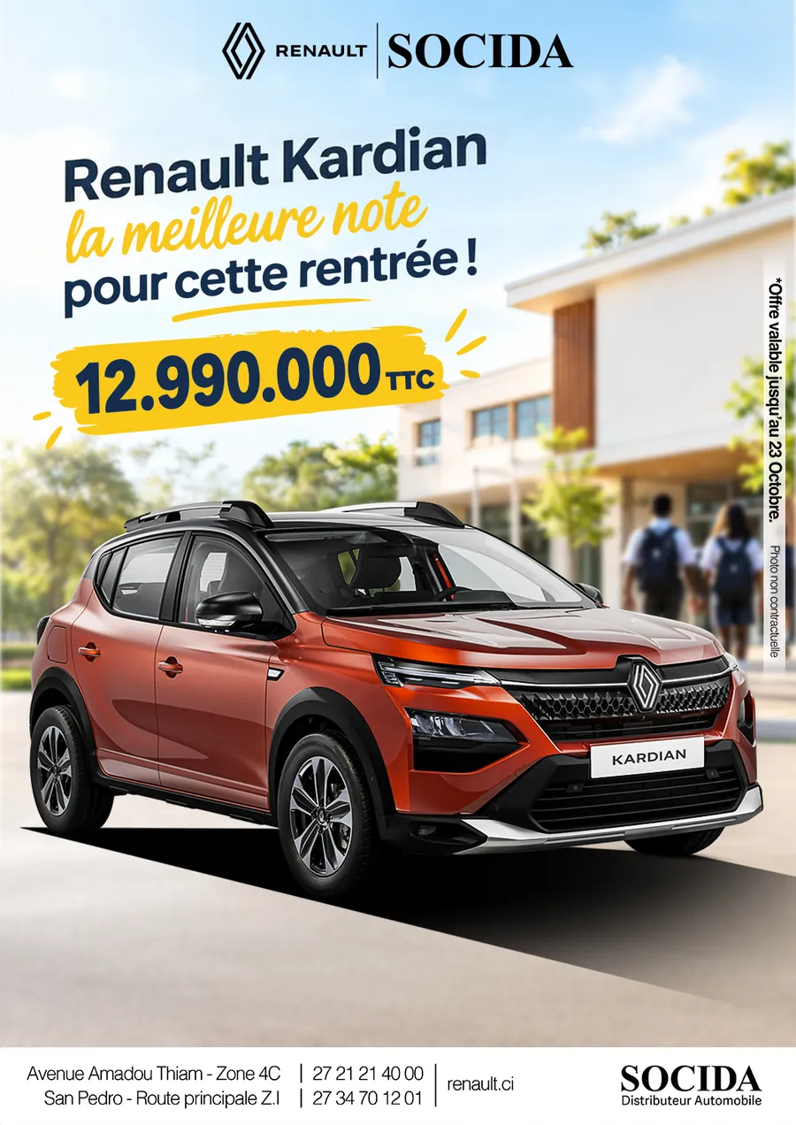 Affiche SOCIDA : Renault Kardian orange à 12 990 000 FCFA TTC