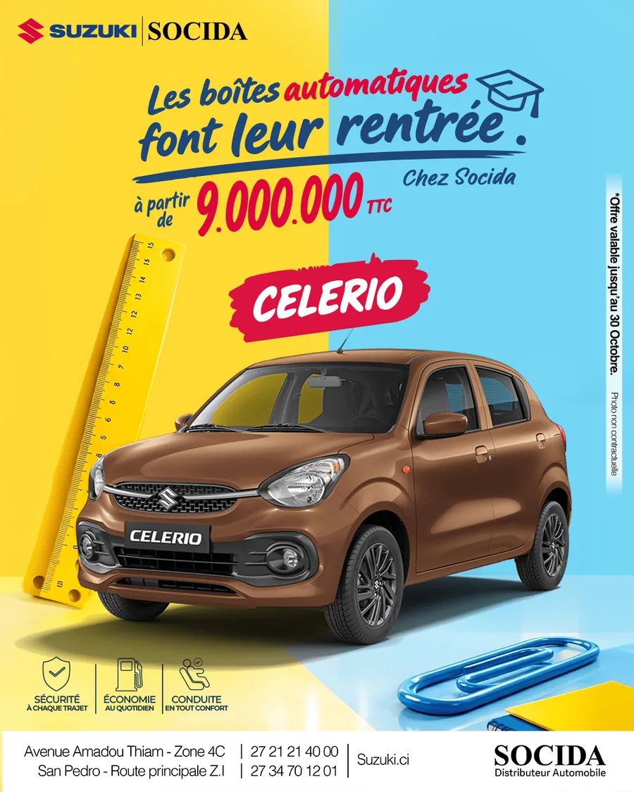 Affiche SOCIDA : Suzuki Celerio à boîte automatique, à partir de 9 000 000 FCFA TTC