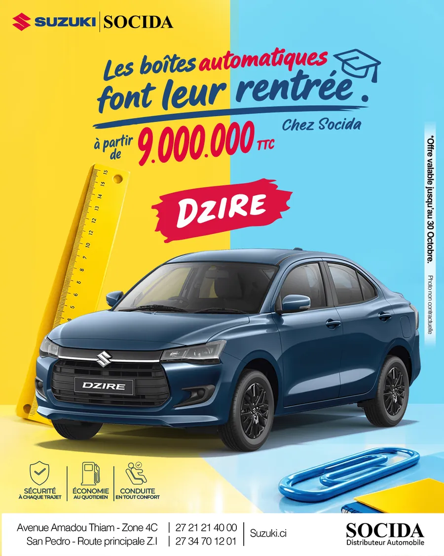 Affiche SOCIDA : Suzuki Dzire à boîte automatique