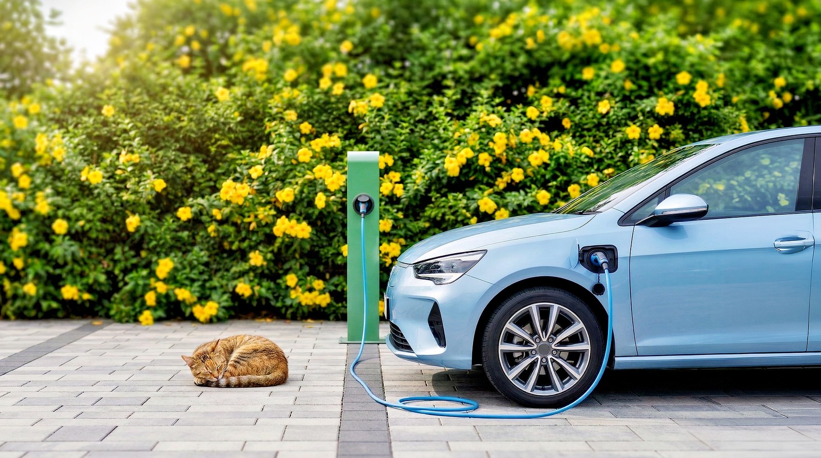 Véhicule électrique en charge, chat endormi à proximité, dans un jardin fleuri